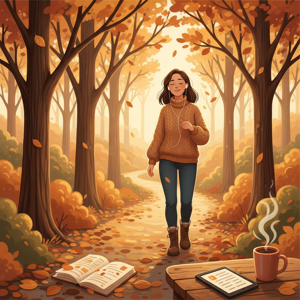 A woman walking outdoors on a tree-lined path in autumn, wearing wireless earbuds and smiling softly, with fallen golden leaves around her, evoking the joy of listening to an audiobook during a walk