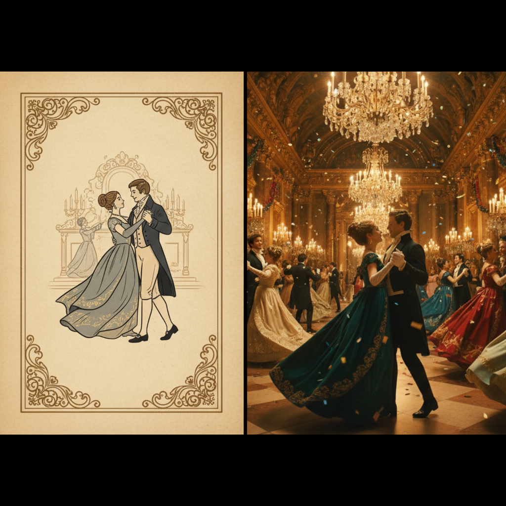 A split-screen visual showing a Regency-era illustrated book cover on one side and a glamorous Netflix-style ballroom scene on the other, warm candlelight tones throughout