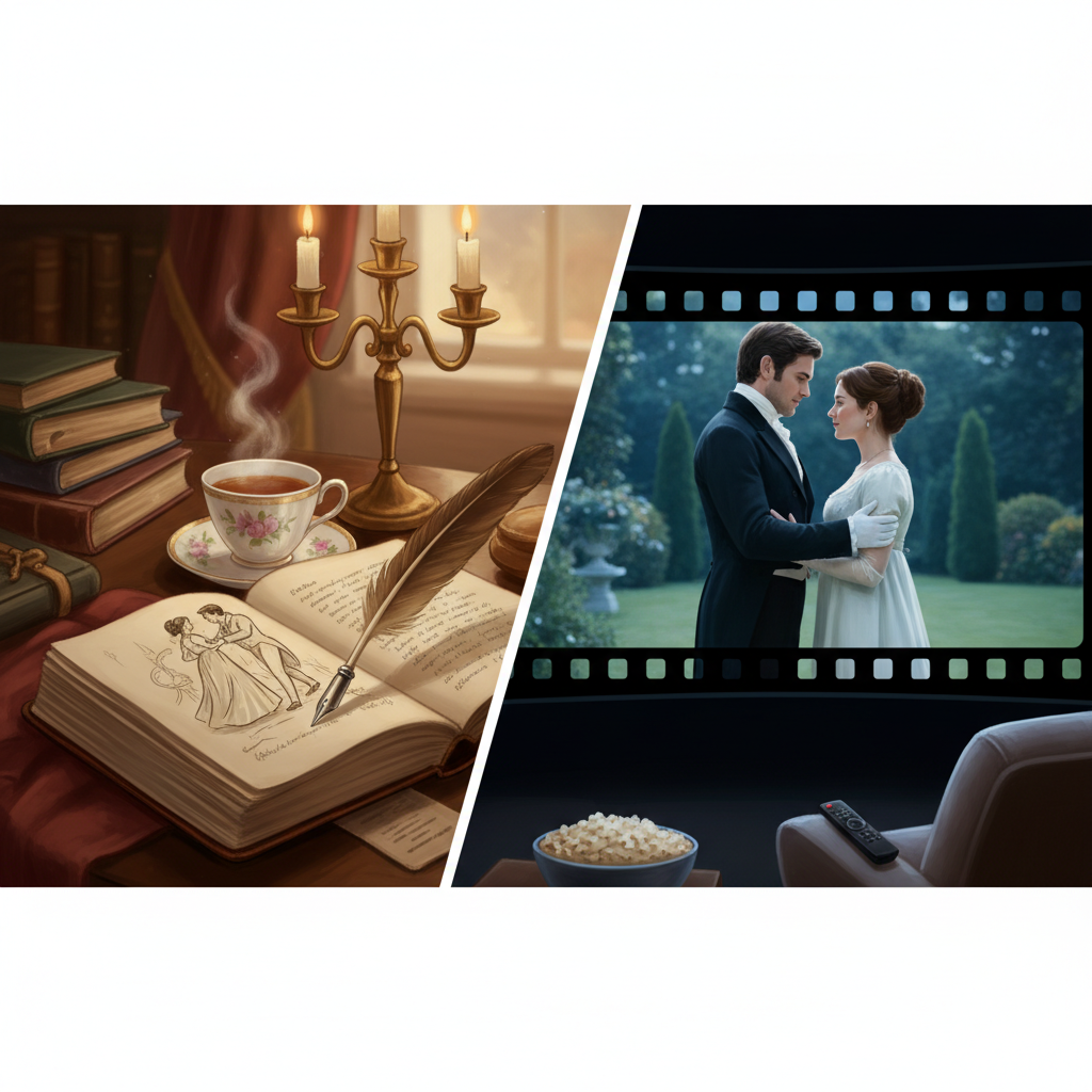 A close-up of an open Regency romance novel with a quill pen resting on the page, surrounded by soft candlelight and a cup of tea, cozy reading aesthetic