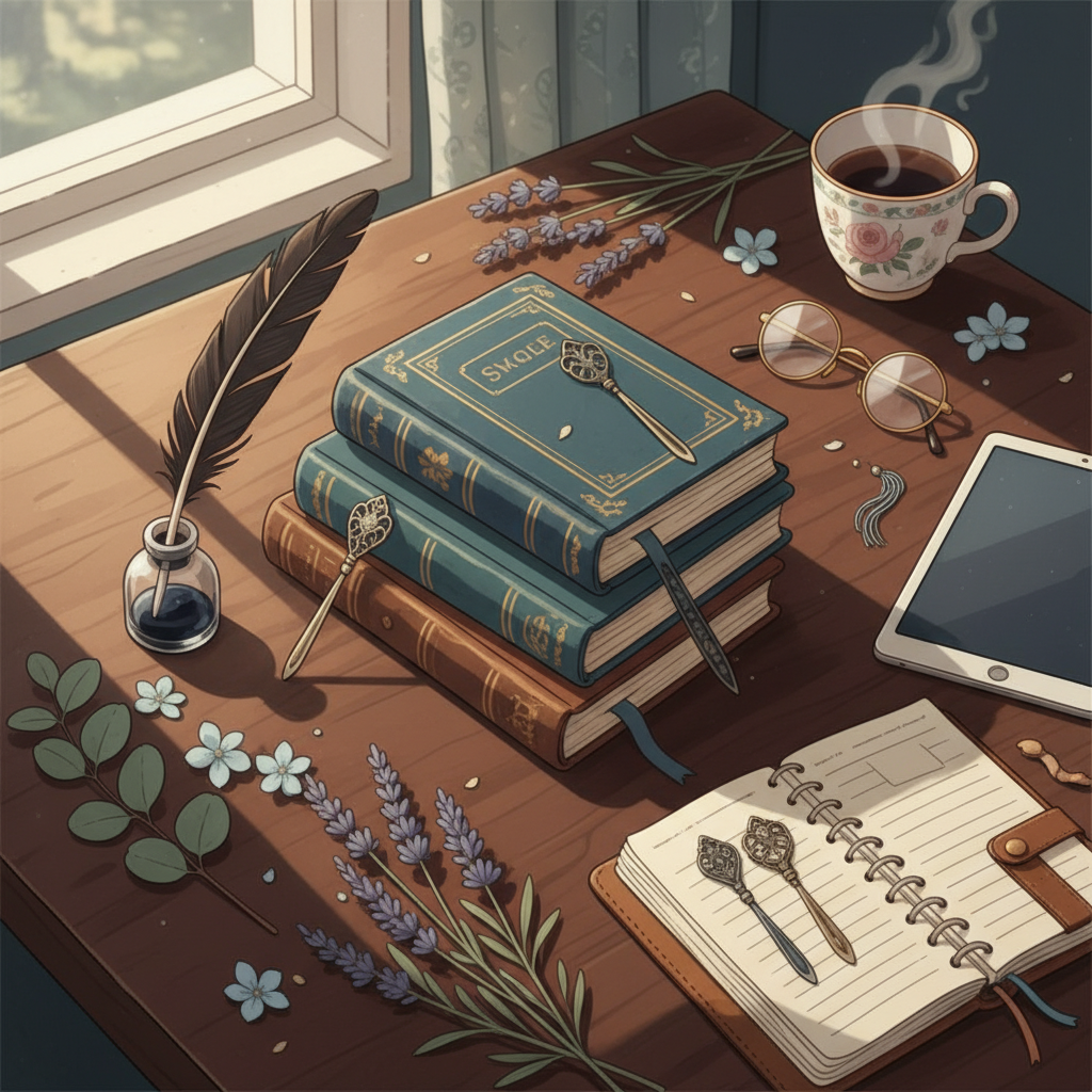 A vintage-style flat lay featuring classic hardcover novels, a quill pen, dried flowers, and elegant bookmarks on a dark wood surface