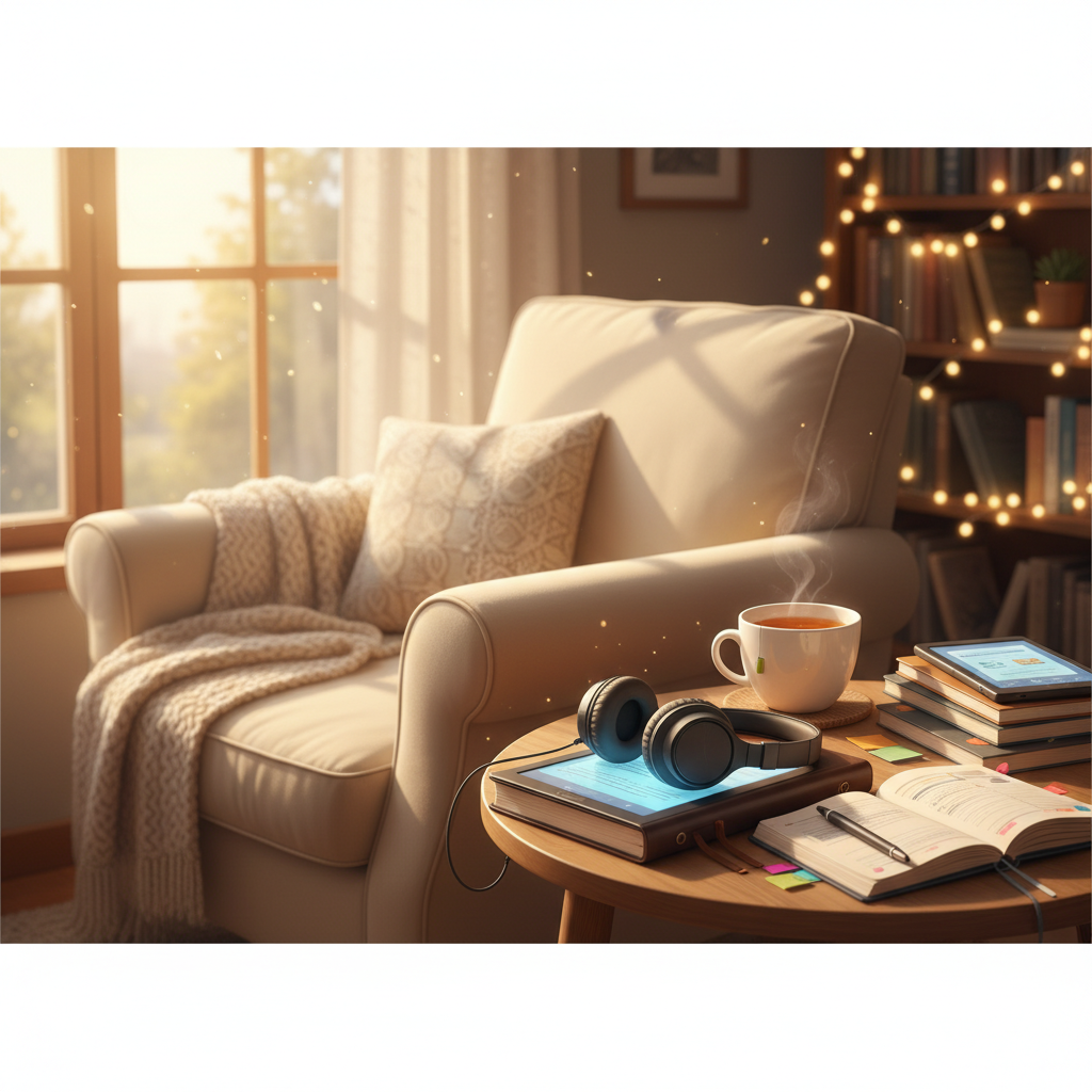 A cozy reading nook with warm lighting, headphones resting on an open book, a cup of tea nearby, and soft fairy lights in the background suggesting an immersive audiobook listening experience