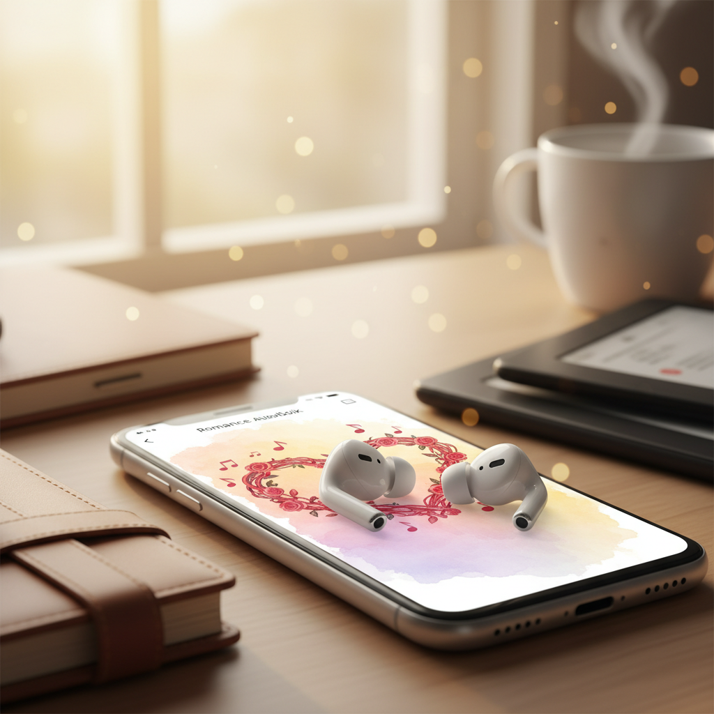 A close-up of wireless earbuds resting on a smartphone screen showing a romance audiobook app with a heart-themed cover, surrounded by soft bokeh lighting suggesting a relaxed, intimate listening moment