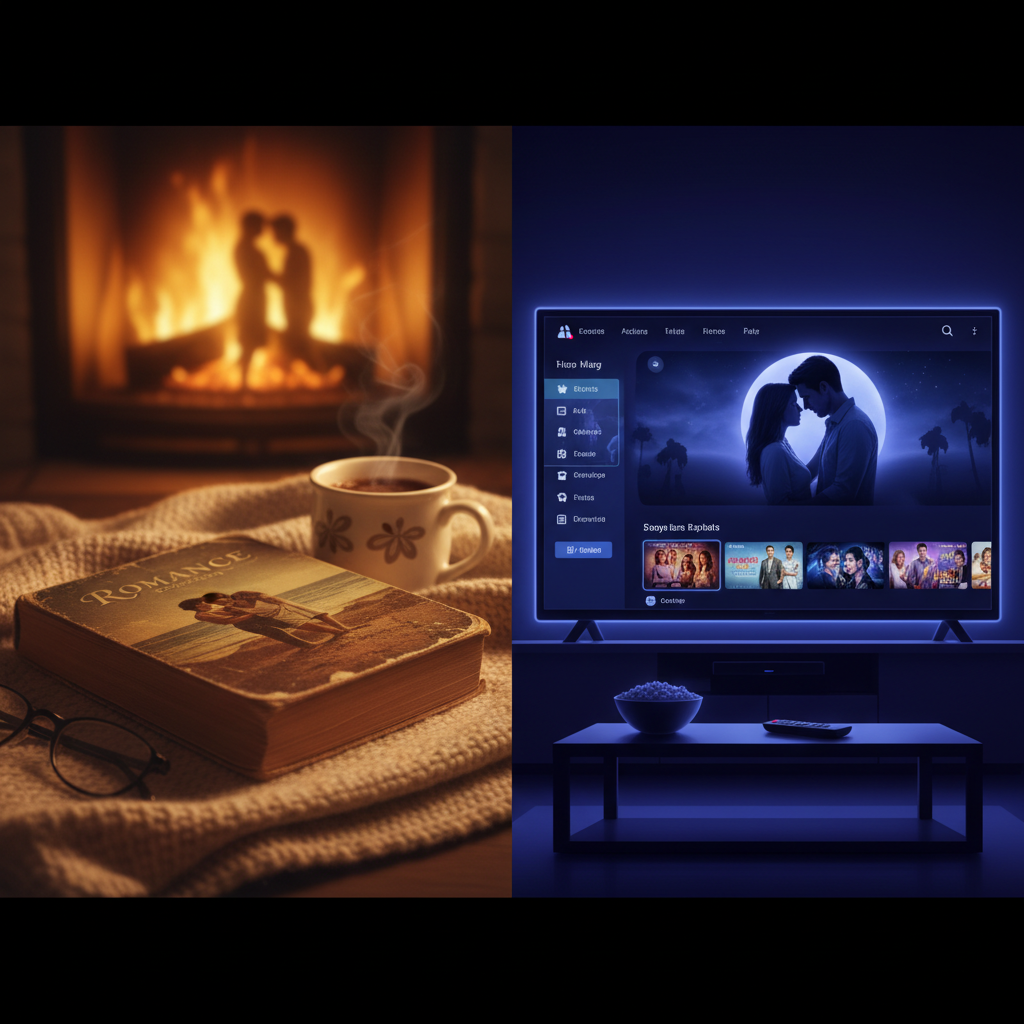 A split-screen visual showing a worn romance novel paperback on the left and a streaming platform interface on the right, warm golden lighting, cozy reading aesthetic