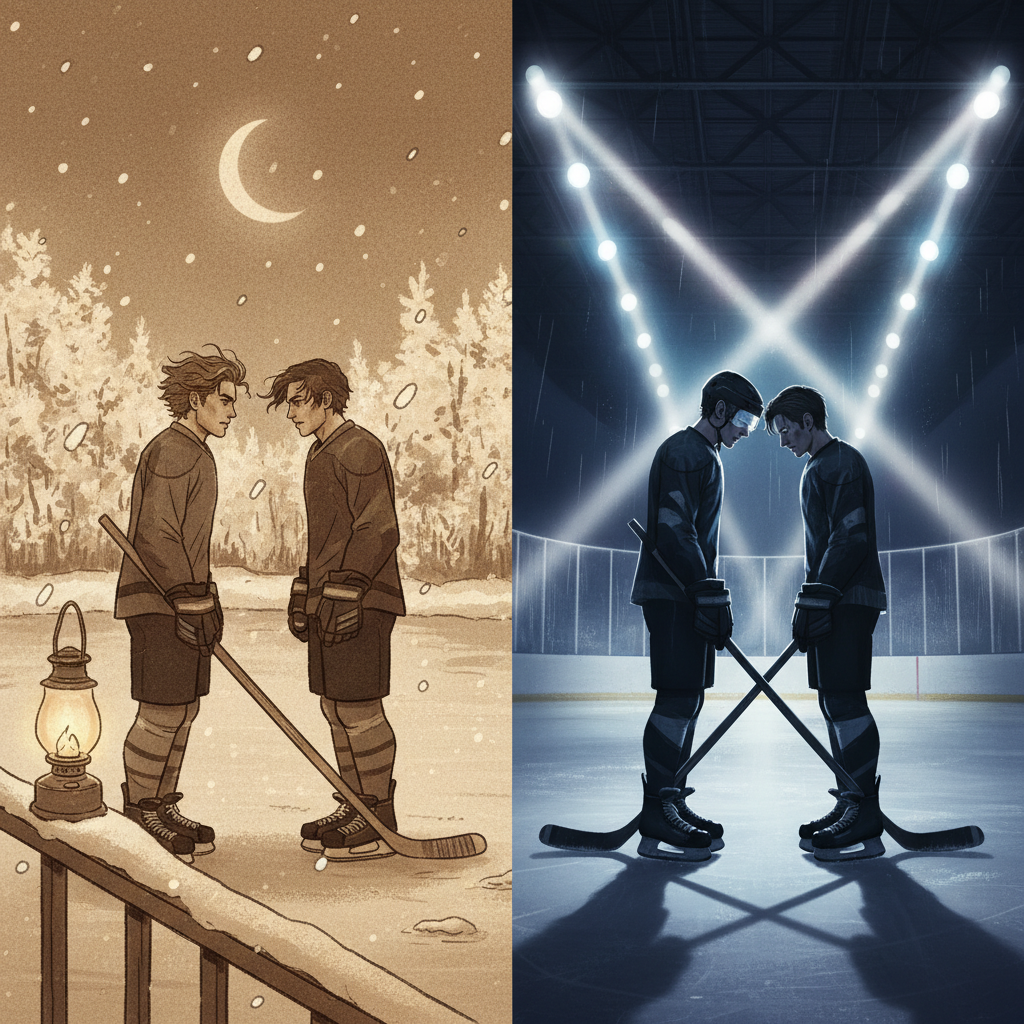 A moody hockey rink atmosphere with dramatic stadium lighting, two figures facing each other across the ice, evoking rivals-to-lovers tension