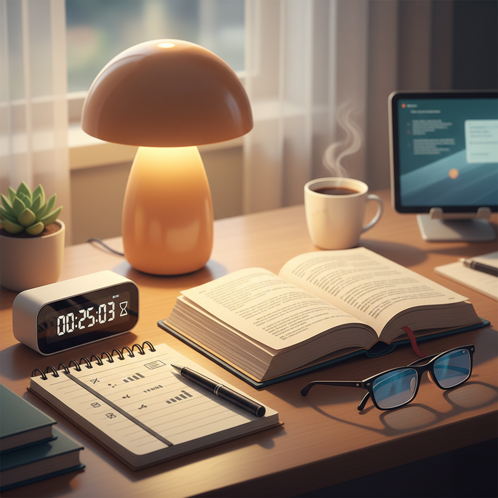 A cozy reading desk setup with an open book, a timer, a notebook with reading goals written on it, and a warm lamp — representing a focused speed reading practice session in 2025