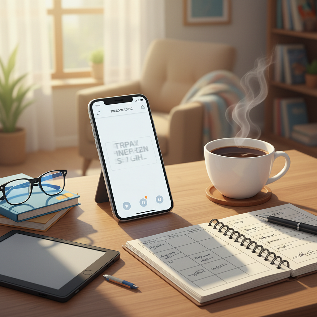 A smartphone screen displaying a speed reading RSVP app with words flashing on screen, next to a cup of coffee and a notepad — illustrating modern speed reading tools and daily practice habits