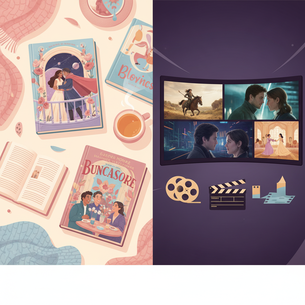 A flat-lay of multiple romance novels with bold, illustrated covers arranged on a pastel background, representing the 2025 publishing trends romance boom in special editions and diverse subgenres