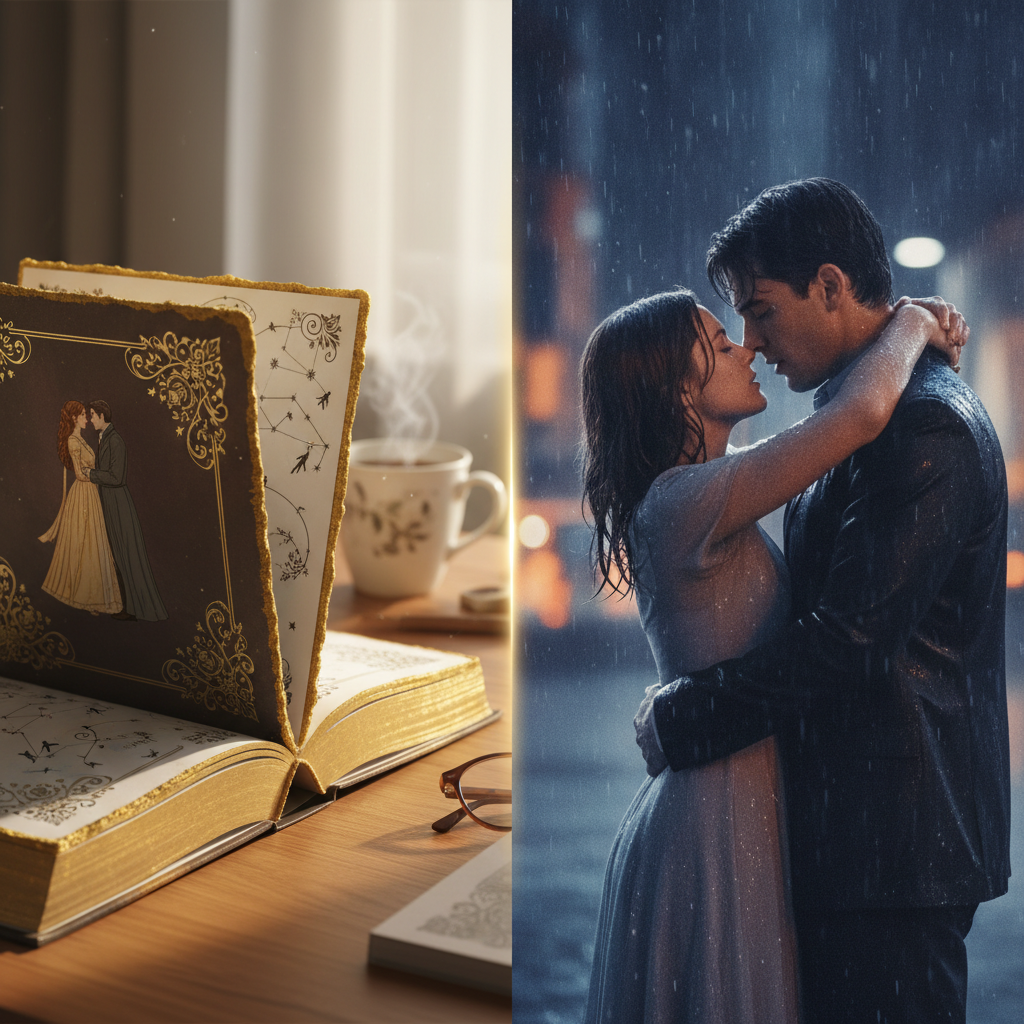 A close-up of a romance novel with sprayed edges, foil cover details, and illustrated endpapers open on a wooden desk, representing the collector's edition trend in publishing trends romance 2025