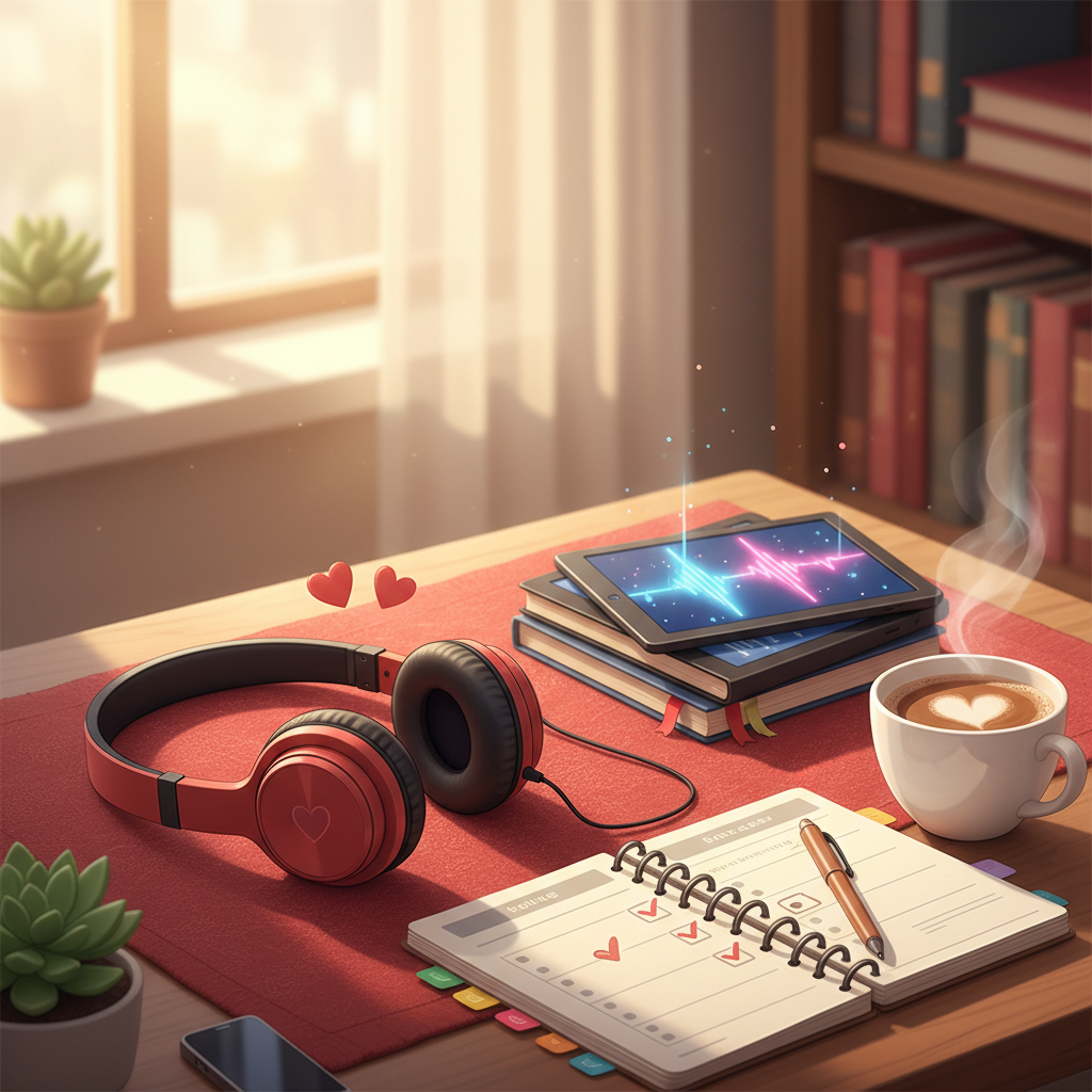 A pair of red headphones with small hearts placed beside bold "Romance Audiobooks" text on a vibrant red background, representing the joy and energy of romance audiobook multitasking benefits