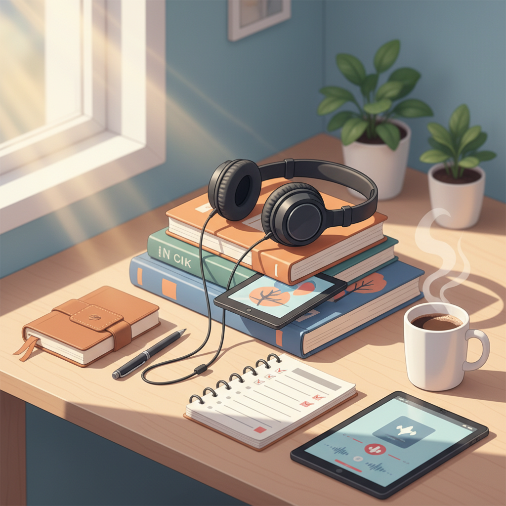 Black over-ear headphones resting on a stack of books against a soft blue background, illustrating the concept of combining audiobook listening with productive daily activities