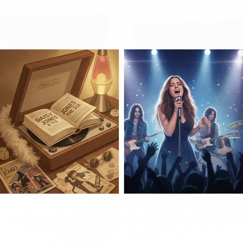 A worn paperback copy of Daisy Jones & The Six by Taylor Jenkins Reid lying open on a vintage record player, surrounded by 1970s rock memorabilia and soft warm lighting