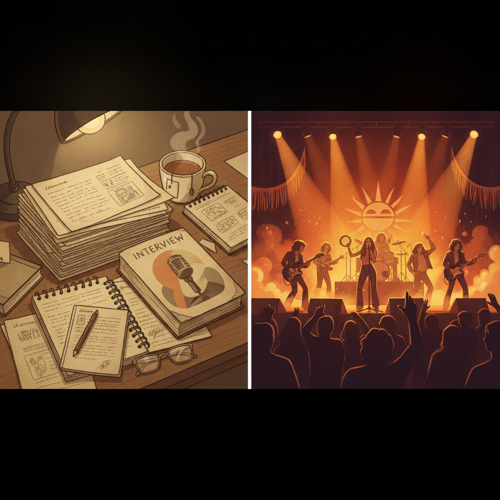 A split-screen style illustration showing a vintage 1970s concert stage with warm amber lighting on one side and a stack of interview transcripts and notebooks on the other, representing the book and show versions of Daisy Jones & The Six