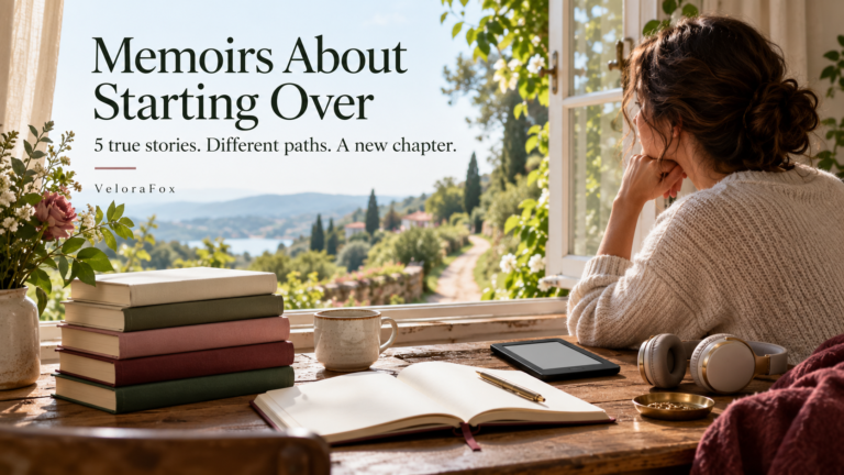 Memoirs about starting over: VeloraFox reading desk illustration with five generic books, an ebook reader, and headphones