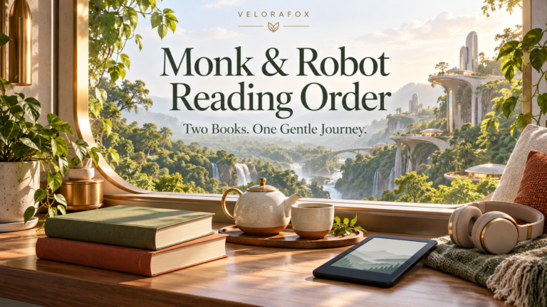 Monk and Robot reading order guide by VeloraFox, two plain books, tea, ebook reader, and headphones overlooking a futuristic forest
