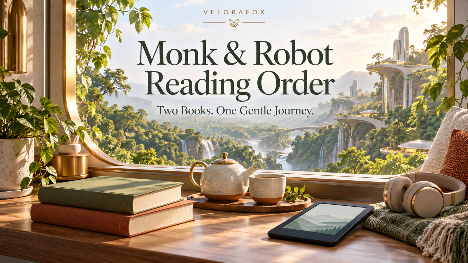Monk and Robot reading order guide by VeloraFox, two plain books, tea, ebook reader, and headphones overlooking a futuristic forest
