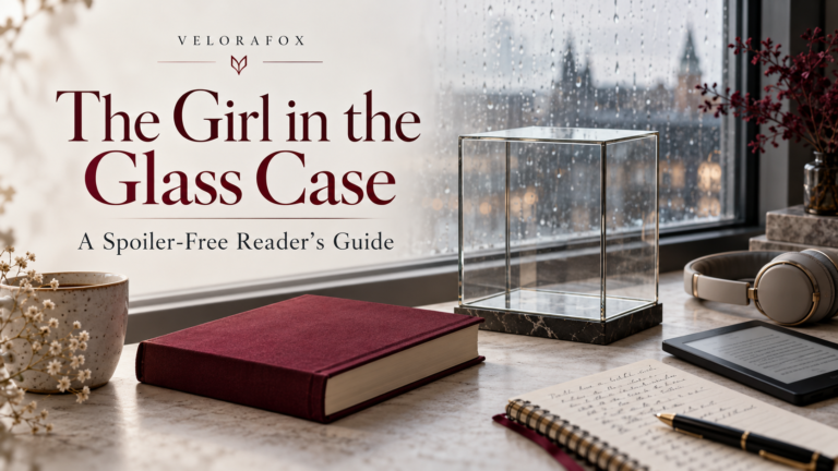 The Girl in the Glass Case spoiler-free book guide, VeloraFox banner with an empty glass display case, book, ebook reader, and headphones
