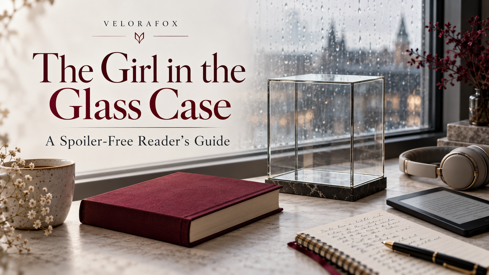 The Girl in the Glass Case spoiler-free book guide, VeloraFox banner with an empty glass display case, book, ebook reader, and headphones