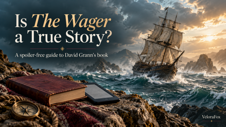 Is The Wager a true story? VeloraFox reading guide illustration with a sailing ship, open sea, and reading devices