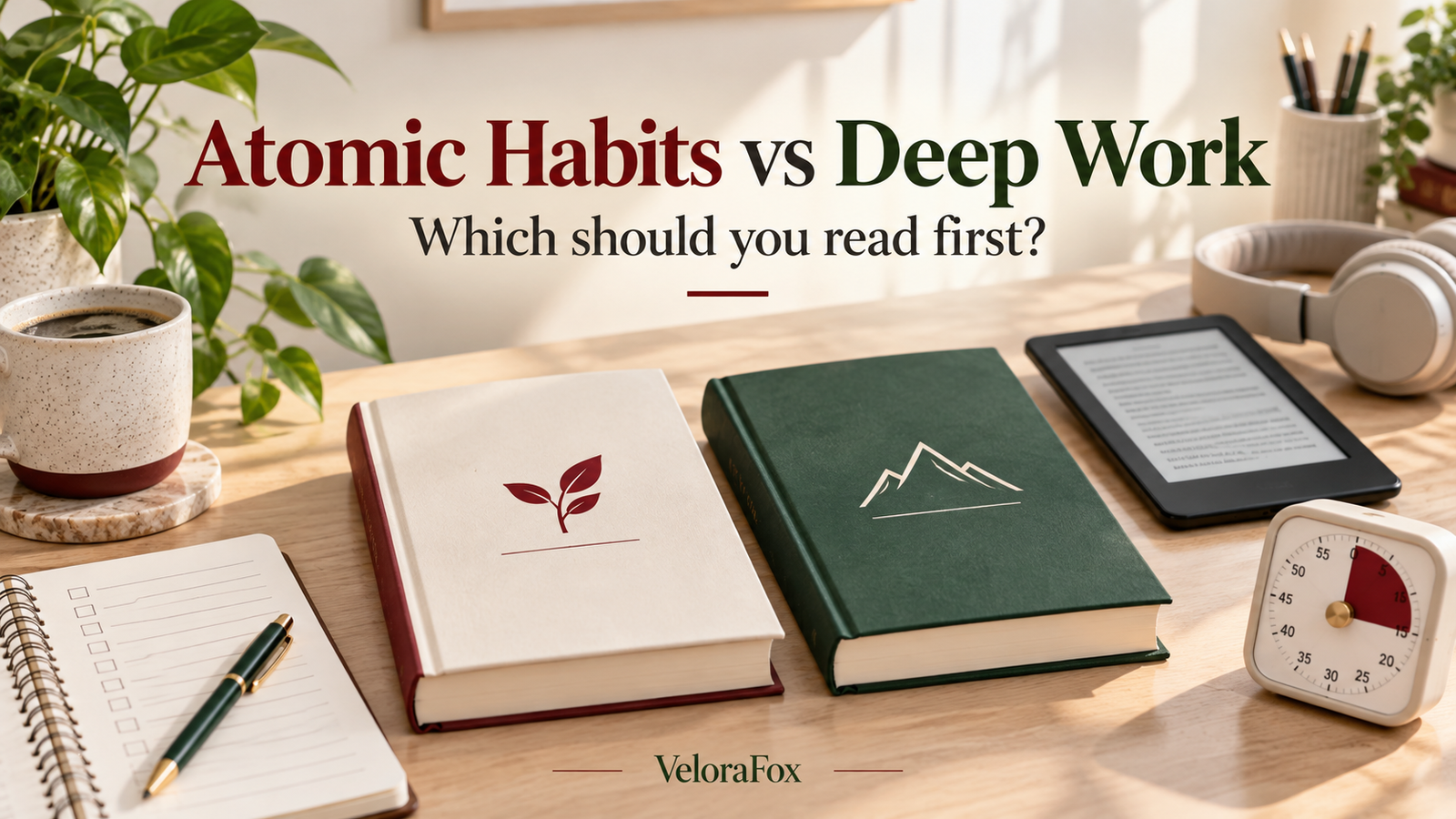 Atomic Habits vs Deep Work comparison by VeloraFox with generic books, an ebook reader, headphones and a timer