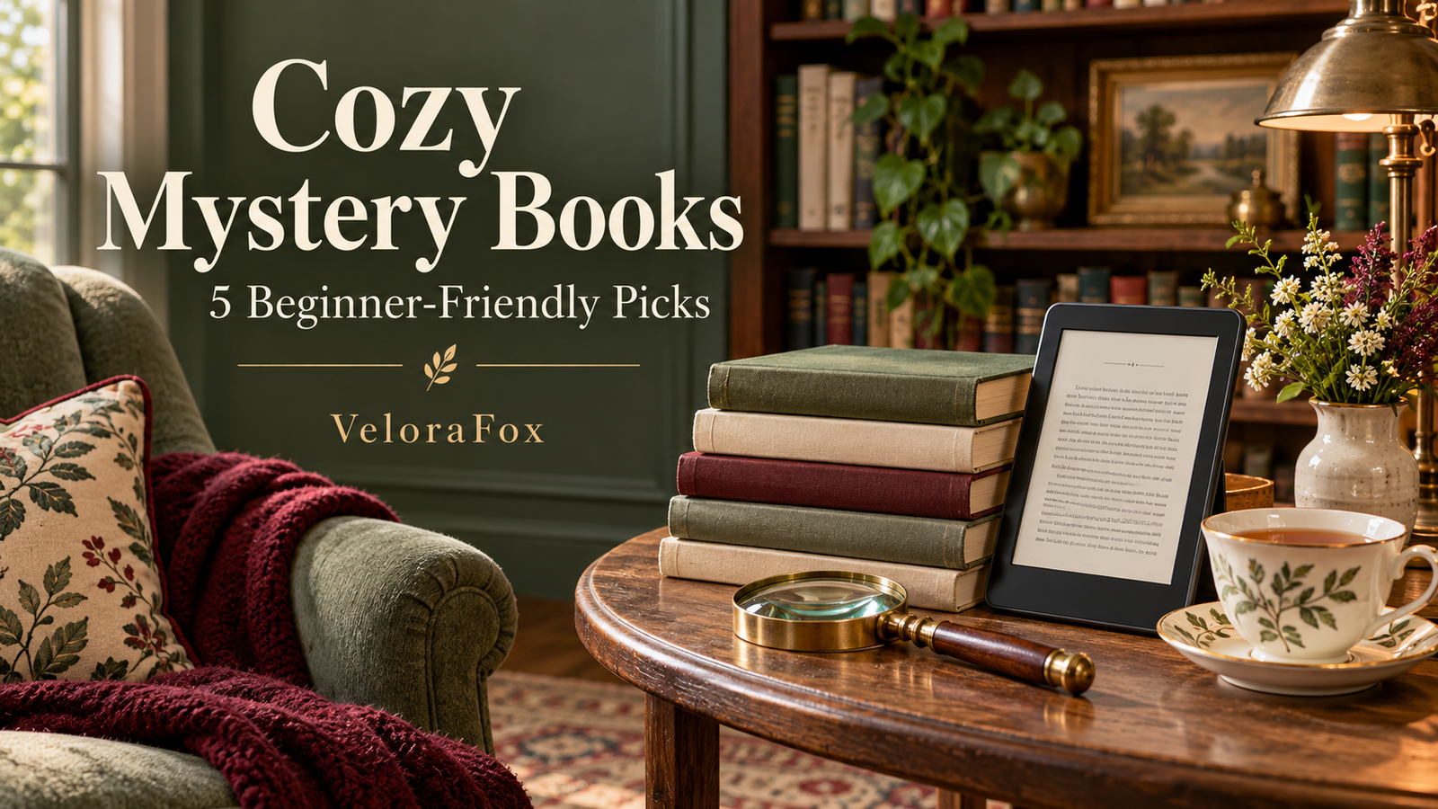 Cozy mystery books for beginners guide with an ebook reader, books, tea and a magnifying glass