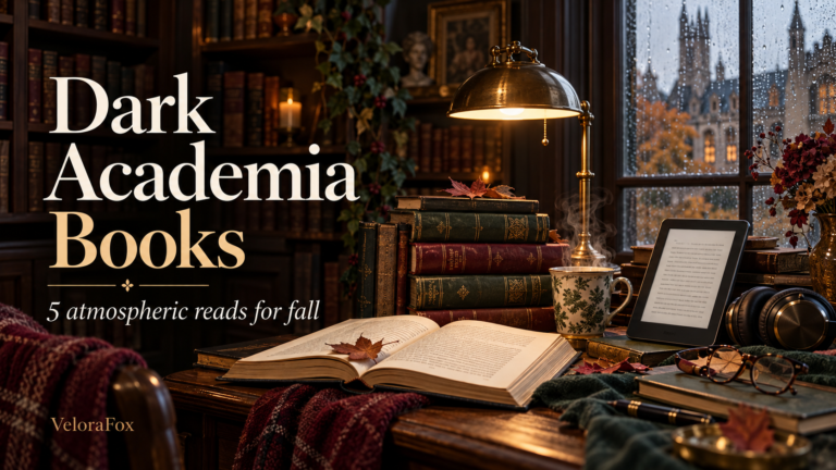 Dark academia books for fall with books, ebook reader and headphones in an autumn library, by VeloraFox