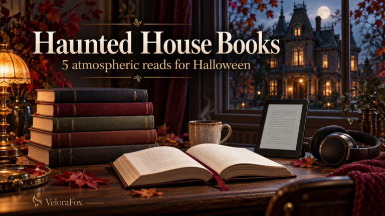 Haunted house books for Halloween with an ebook reader, headphones and a Victorian house, by VeloraFox