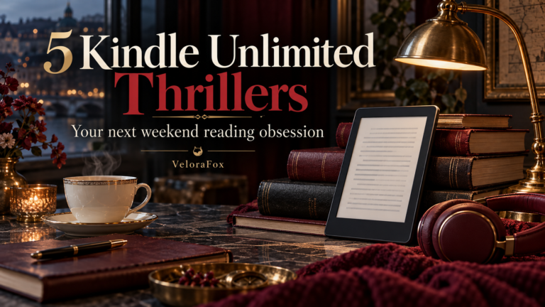 Best Kindle Unlimited thrillers reading guide with ebook reader, books and headphones