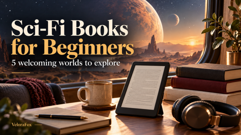 Sci-fi books for beginners with an ebook reader, books and headphones overlooking an imagined planet