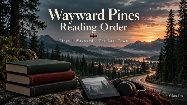 Wayward Pines reading order guide: Pines, Wayward and The Last Town, with a mountain-town scene and generic books