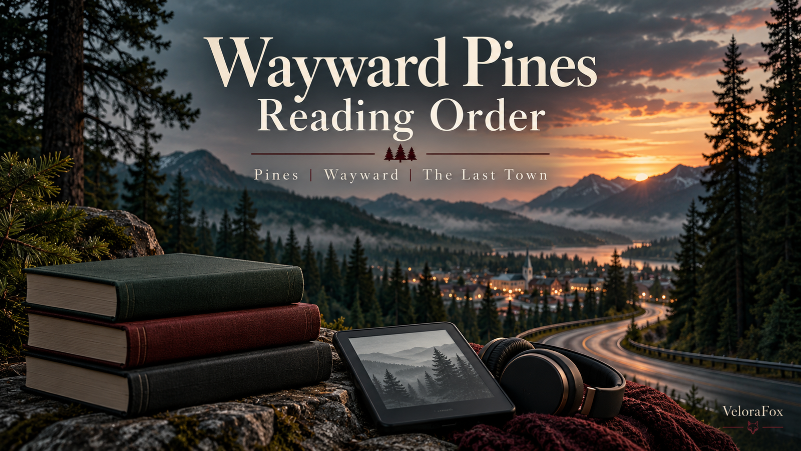 Wayward Pines reading order guide: Pines, Wayward and The Last Town, with a mountain-town scene and generic books